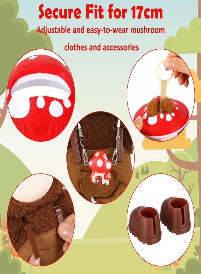 Simgoing Mushroom Doll Outfit Set 17cm Dolls Clothes Cute Mushroom Hat Adjustable Straps Overalls Mini Crossbody Bag Doll Shoes 3D Printed Accessory(Brown) - Image 2